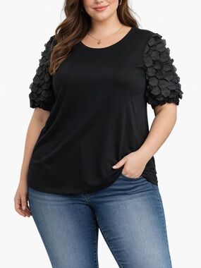 Love Ever After Black Textured Puff Sleeve Top 1X Statement NWT